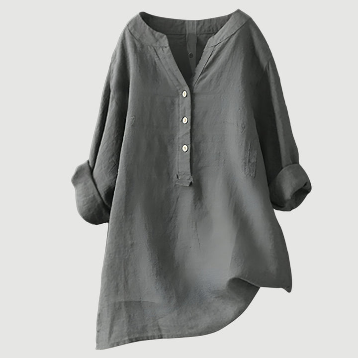 Roseau | V-Neck Linen Button-Up Tunic Blouse
