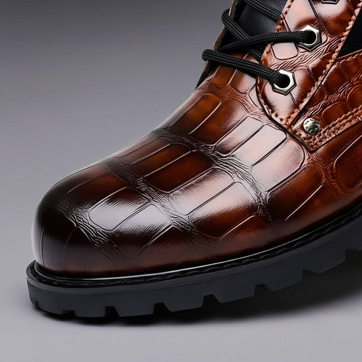 Croxton | Croc Embossed Lace-Up Contrast Panel Combat Boots