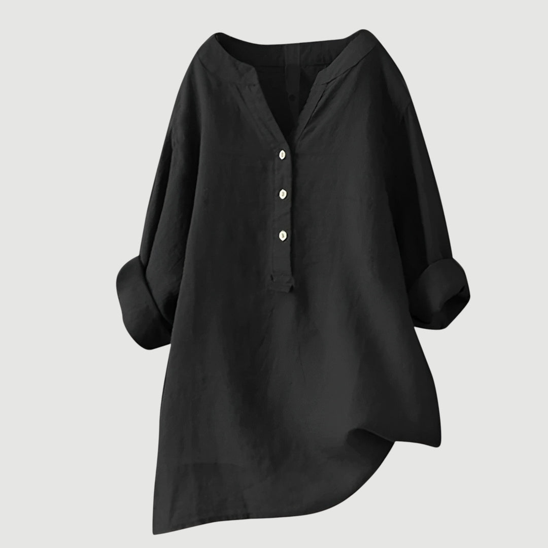 Roseau | V-Neck Linen Button-Up Tunic Blouse