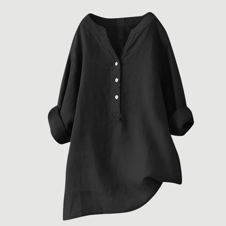 Roseau | V-Neck Linen Button-Up Tunic Blouse