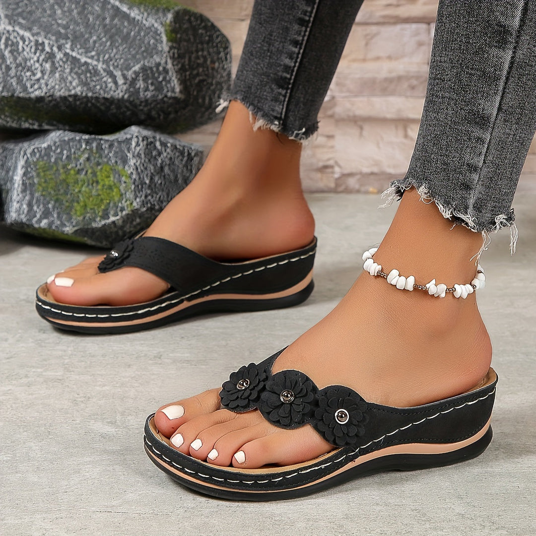 Fiona | Floral Appliqué Toe Post Wedge Sandals