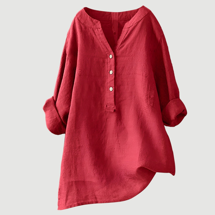 Roseau | V-Neck Linen Button-Up Tunic Blouse