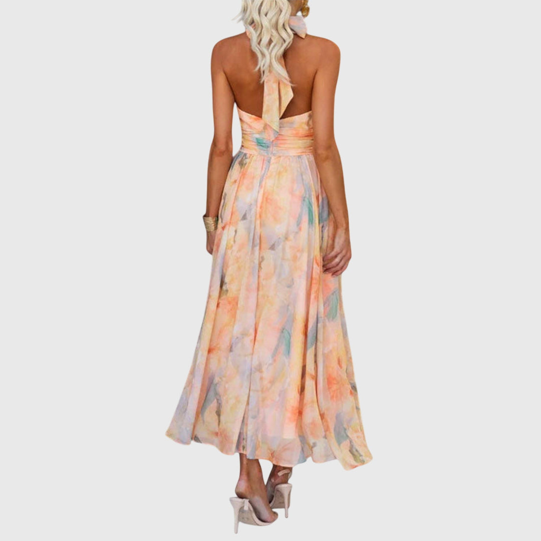 Soleil | Abstract Floral Crossover Halter Neck Maxi Dress