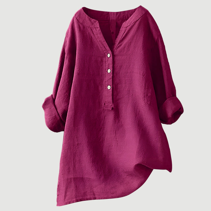 Roseau | V-Neck Linen Button-Up Tunic Blouse