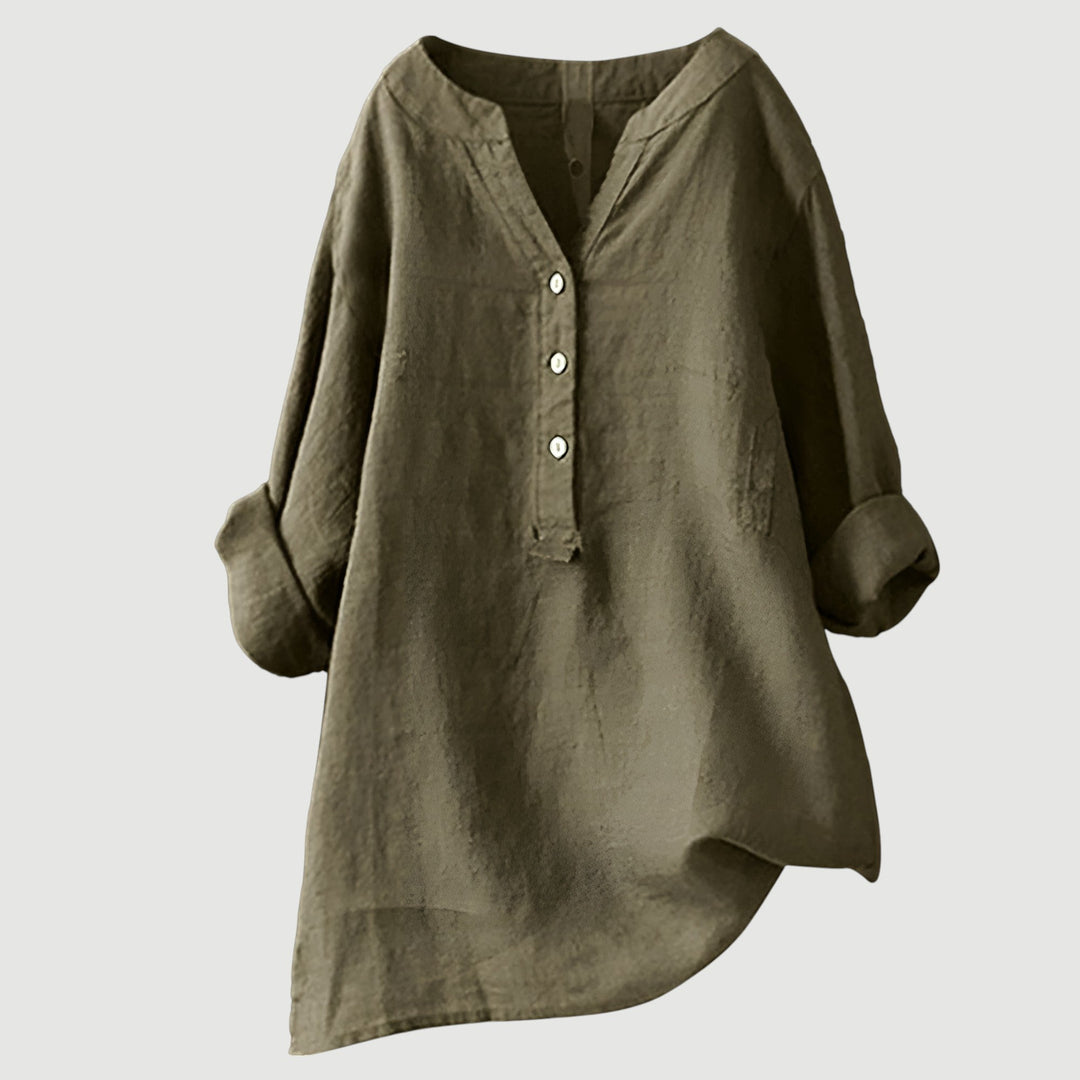 Roseau | V-Neck Linen Button-Up Tunic Blouse