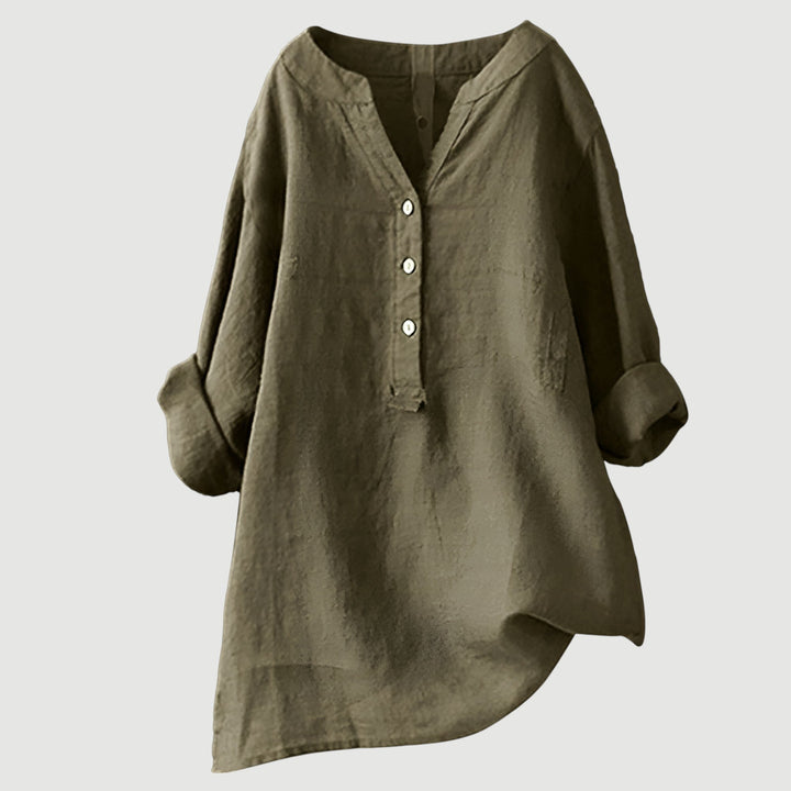 Roseau | V-Neck Linen Button-Up Tunic Blouse