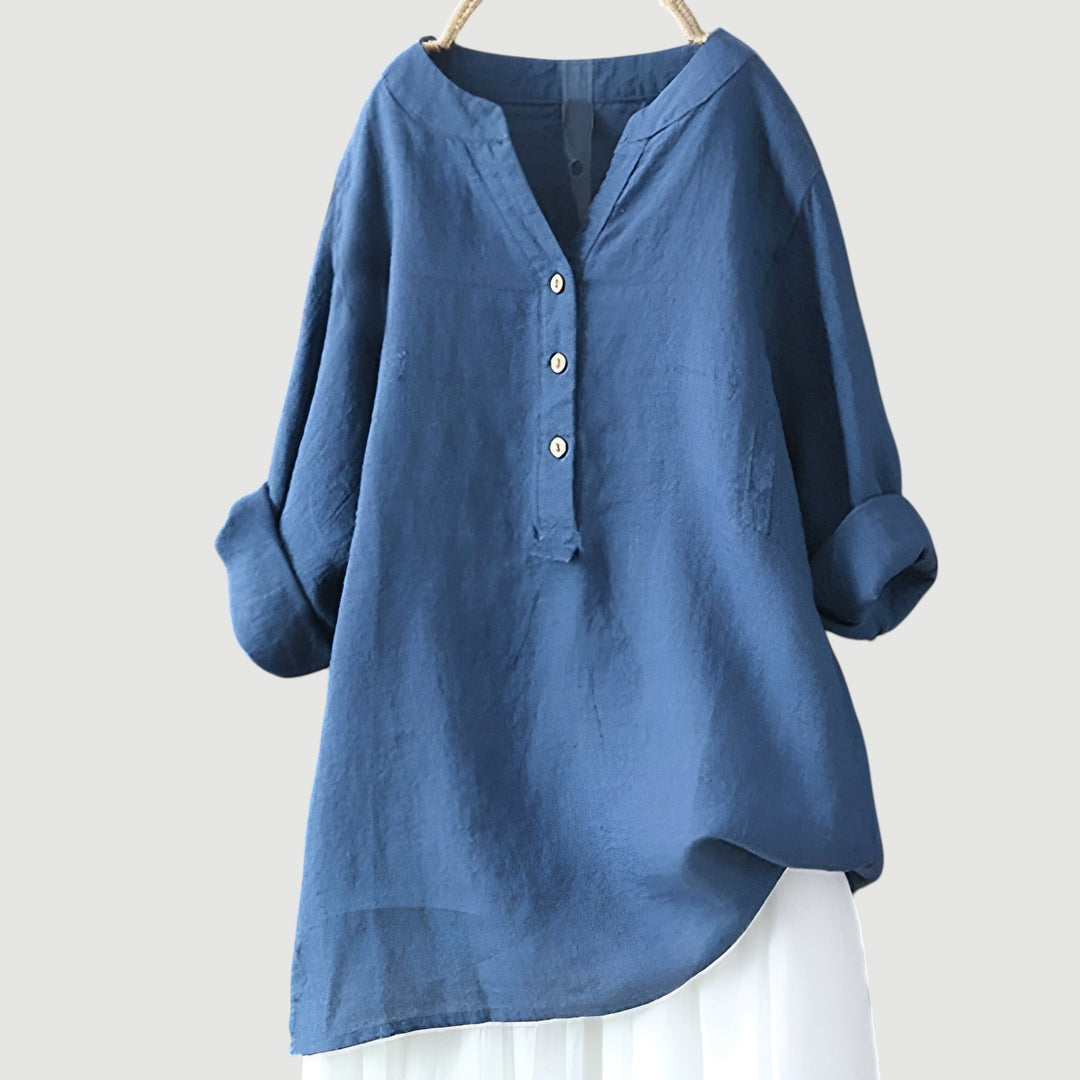 Roseau | V-Neck Linen Button-Up Tunic Blouse