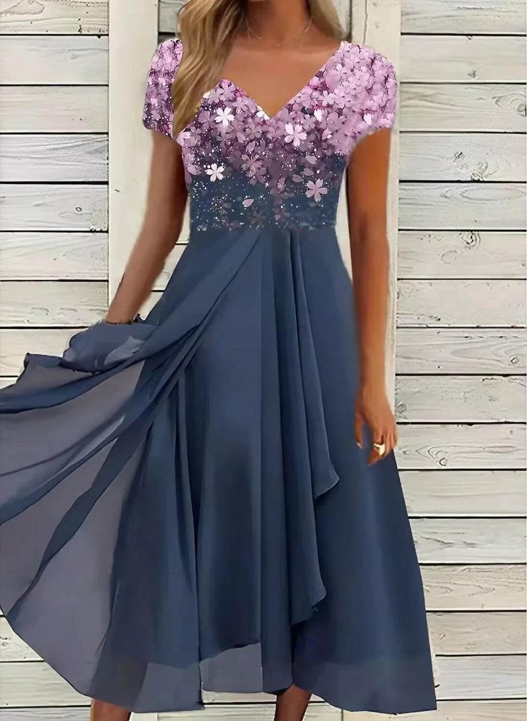 Estelle | Floral Print V-Neck Midi Cocktail Dress