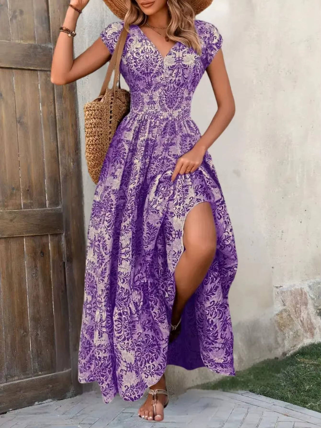Florienne | Damask Print Smocked V-Neck Tiered Boho Dress