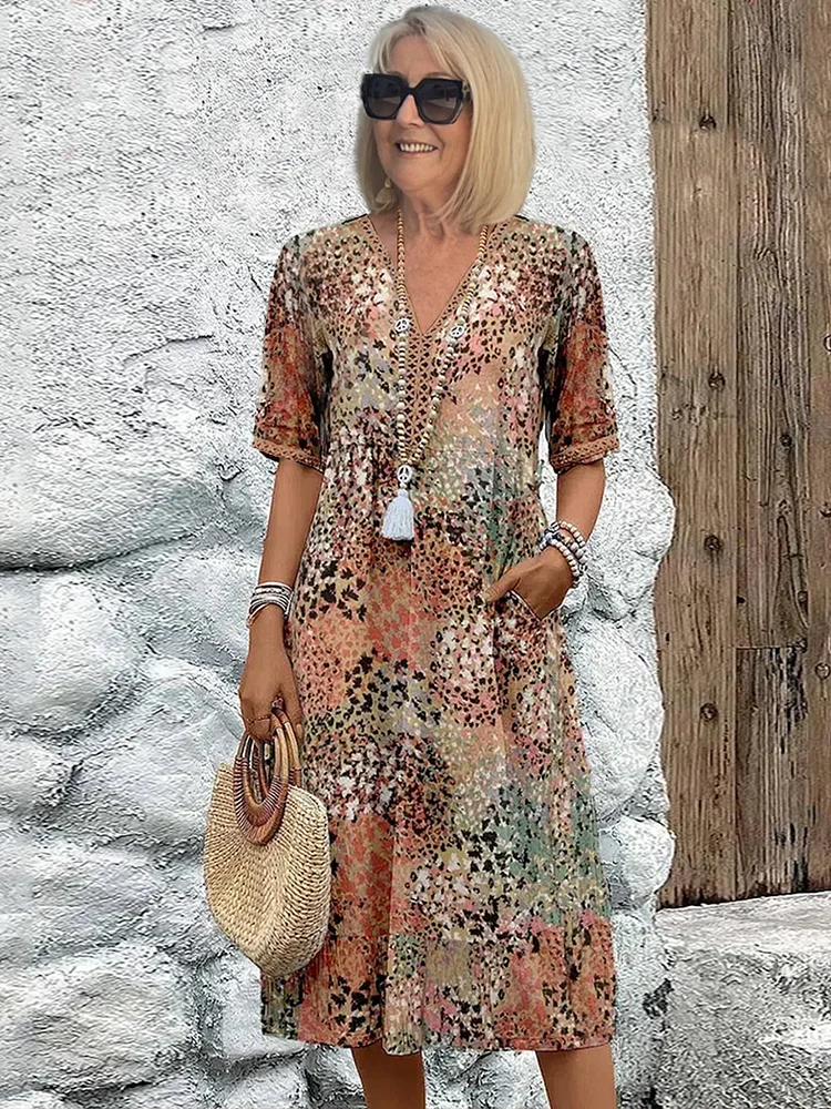 Ibiza | Abstract Floral Print V Neck Boho Midi Dress