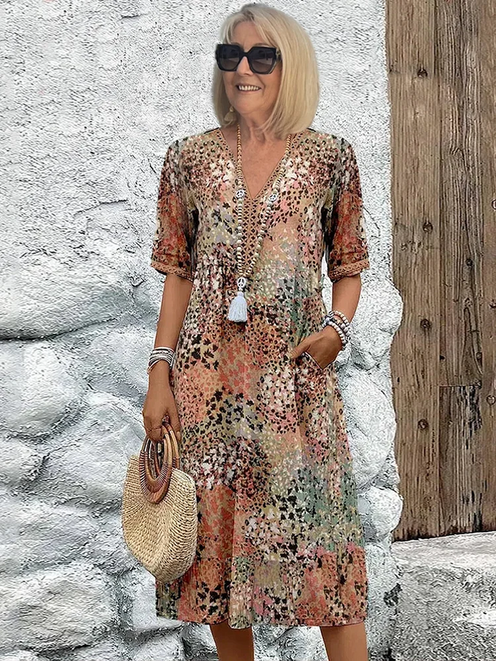Ibiza | Abstract Floral Print V Neck Boho Midi Dress