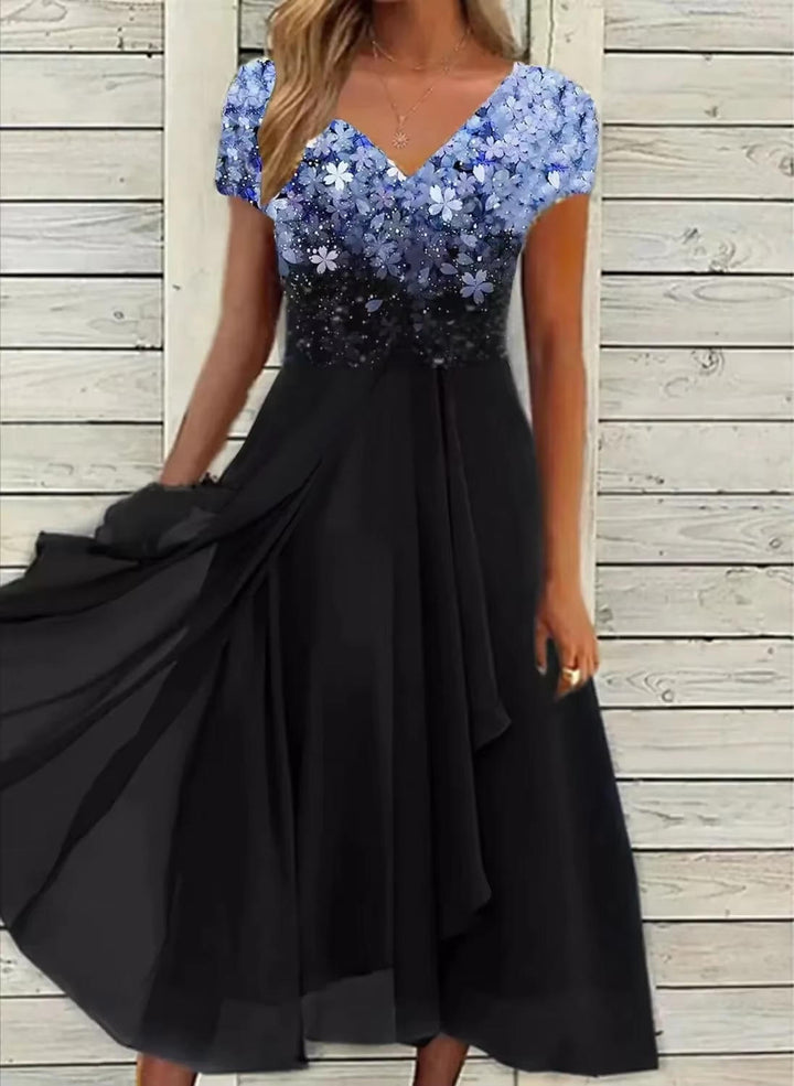 Estelle | Floral Print V-Neck Midi Cocktail Dress