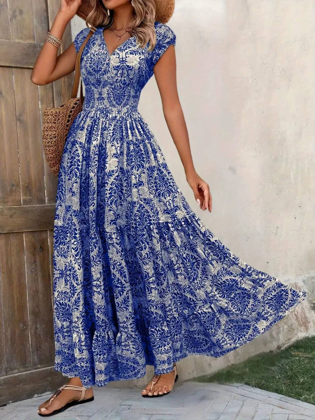 Florienne | Damask Print Smocked V-Neck Tiered Boho Dress