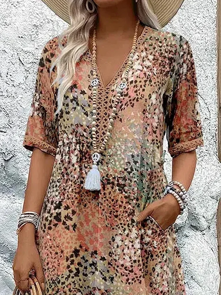 Ibiza | Abstract Floral Print V Neck Boho Midi Dress