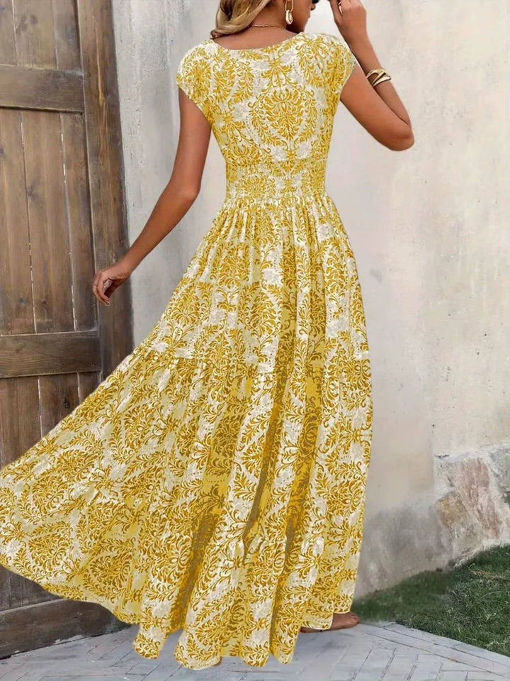 Florienne | Damask Print Smocked V-Neck Tiered Boho Dress
