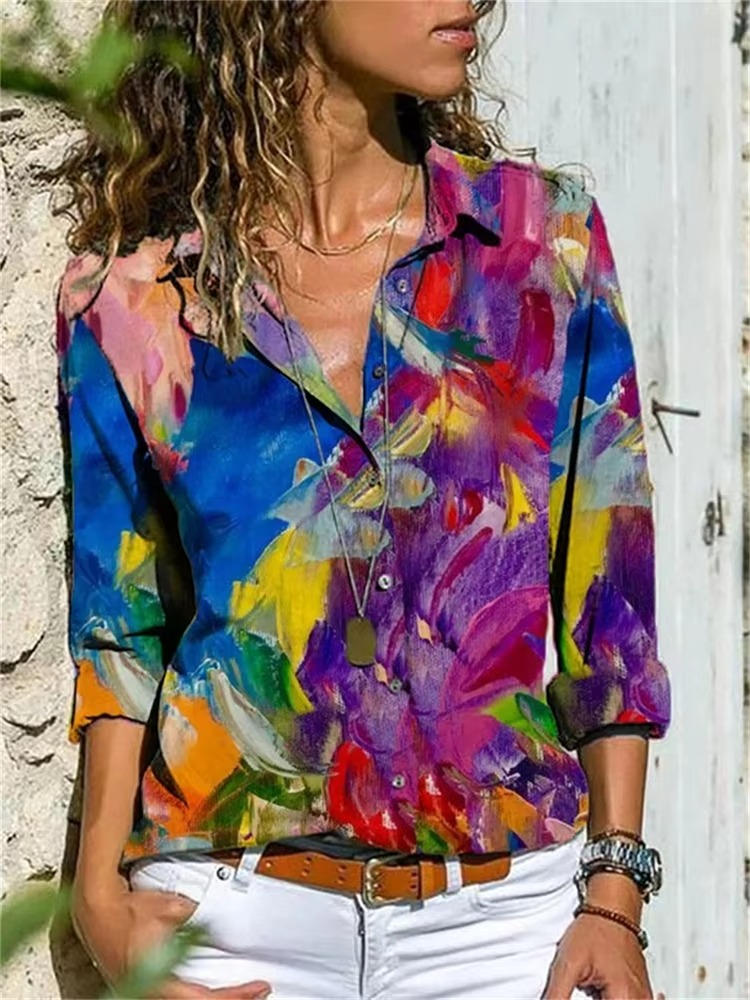 Prism | Geometric Print Long Sleeve Button Womens Blouse