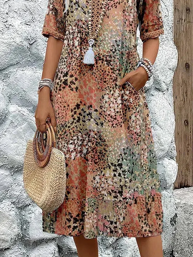 Ibiza | Abstract Floral Print V Neck Boho Midi Dress