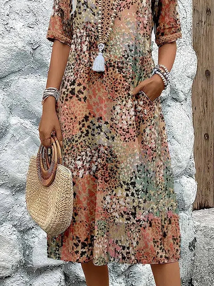Ibiza | Abstract Floral Print V Neck Boho Midi Dress