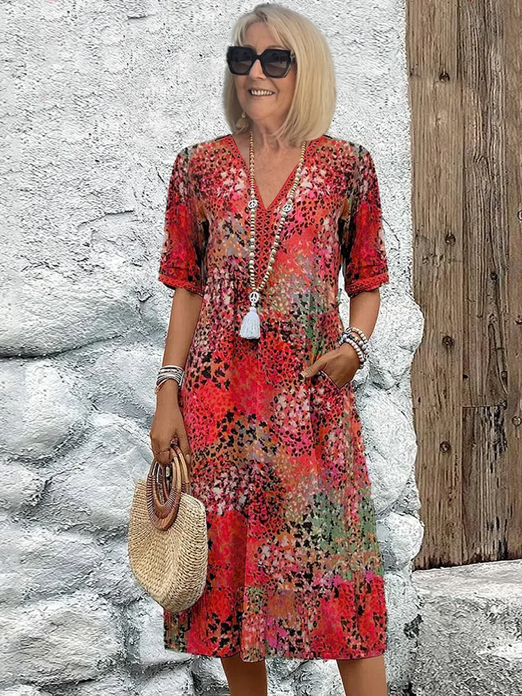 Ibiza | Abstract Floral Print V Neck Boho Midi Dress