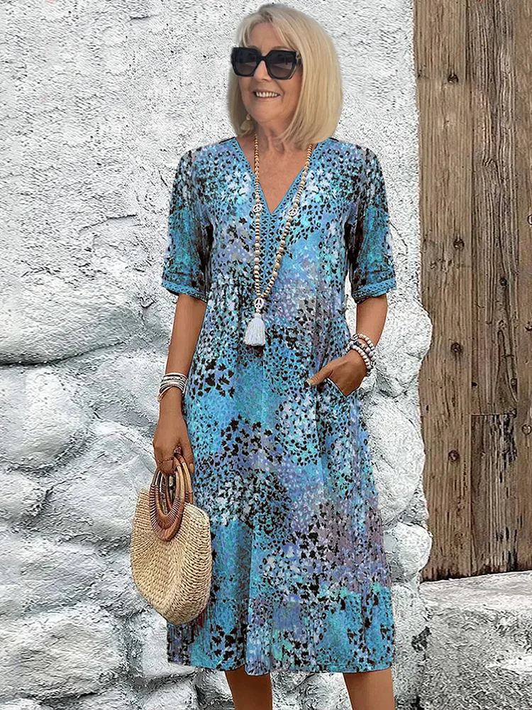 Ibiza | Abstract Floral Print V Neck Boho Midi Dress