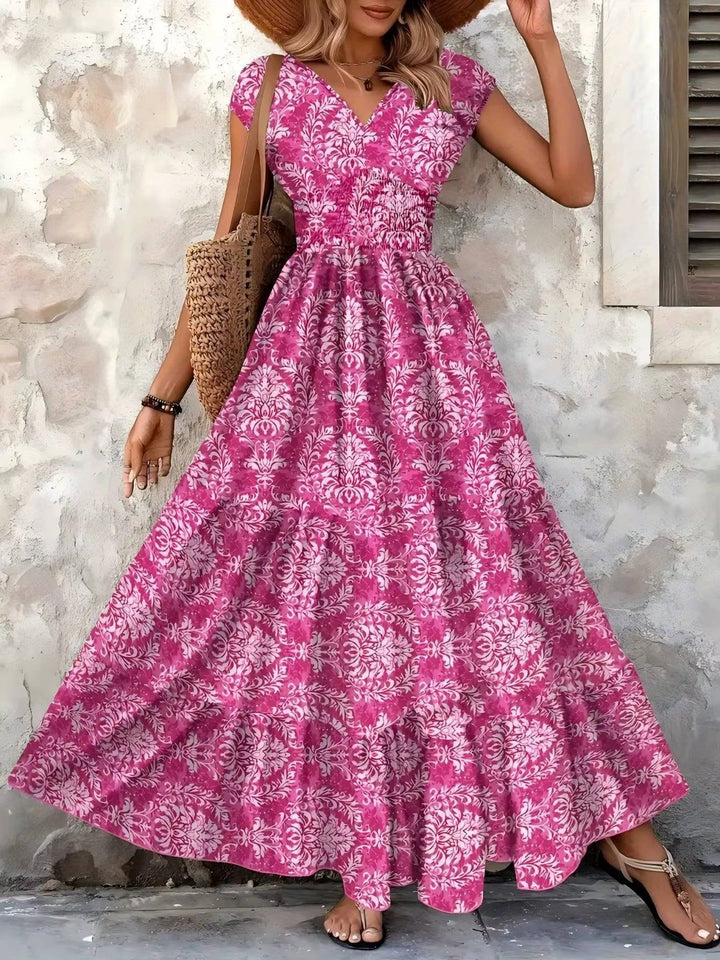 Florienne | Damask Print Smocked V-Neck Tiered Boho Dress