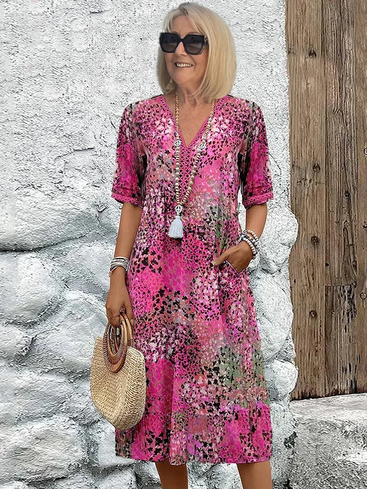Ibiza | Abstract Floral Print V Neck Boho Midi Dress