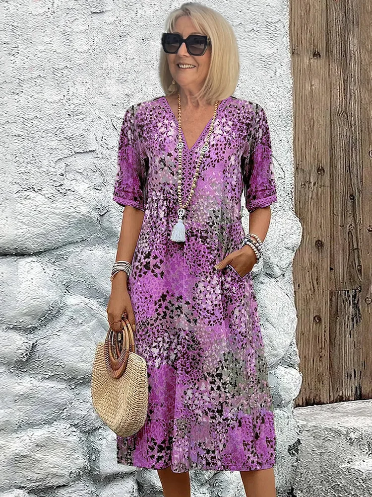 Ibiza | Abstract Floral Print V Neck Boho Midi Dress