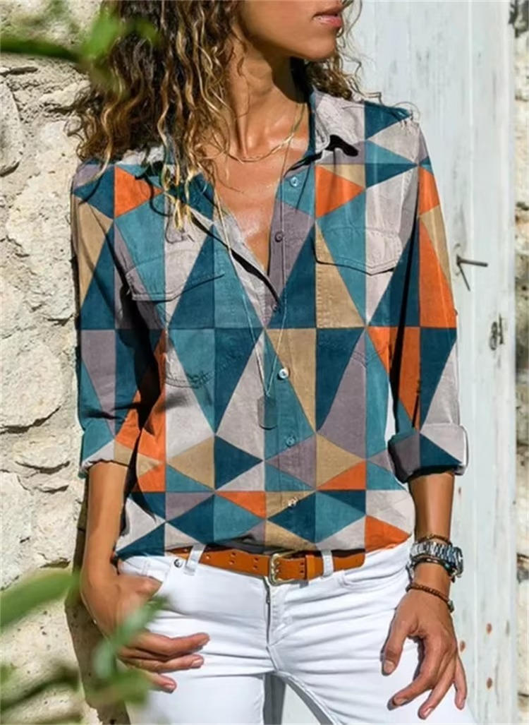Prism | Geometric Print Long Sleeve Button Womens Blouse