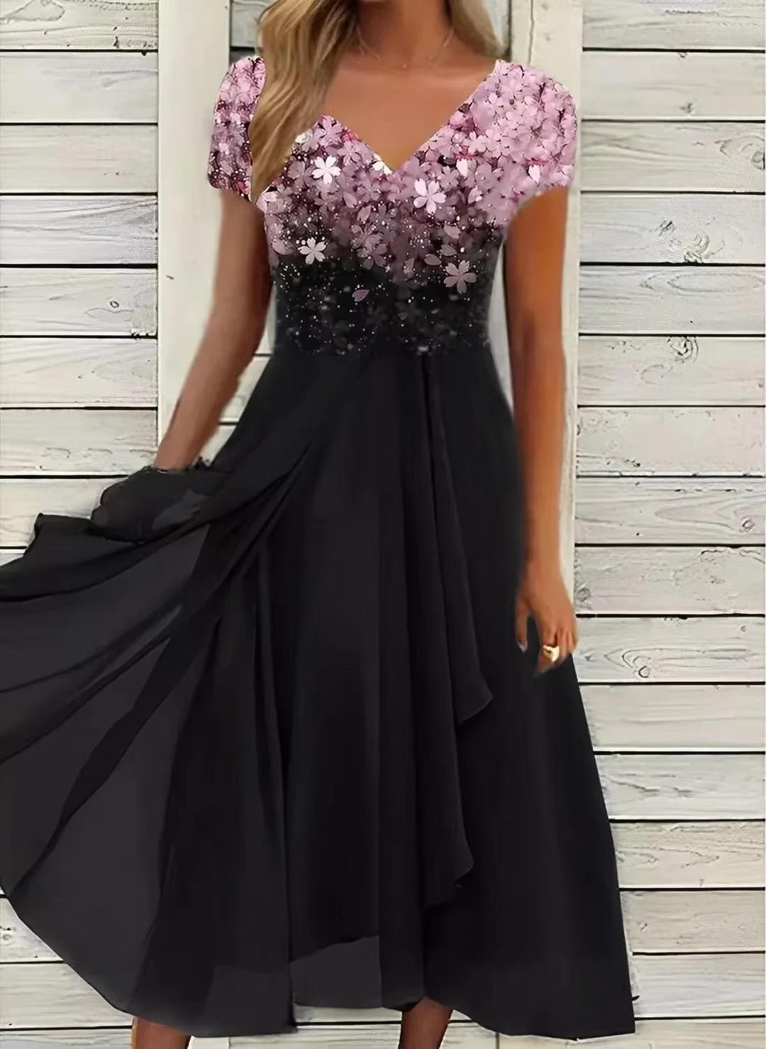 Estelle | Floral Print V-Neck Midi Cocktail Dress