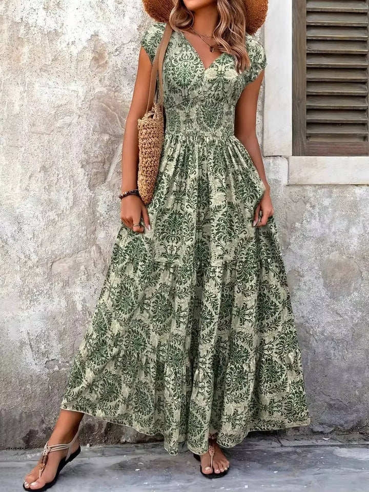 Florienne | Damask Print Smocked V-Neck Tiered Boho Dress