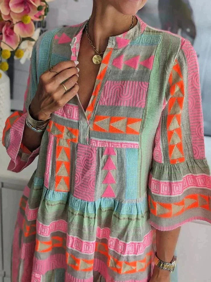 Zafira | Aztec Print Tiered Flare Sleeve Boho Dress