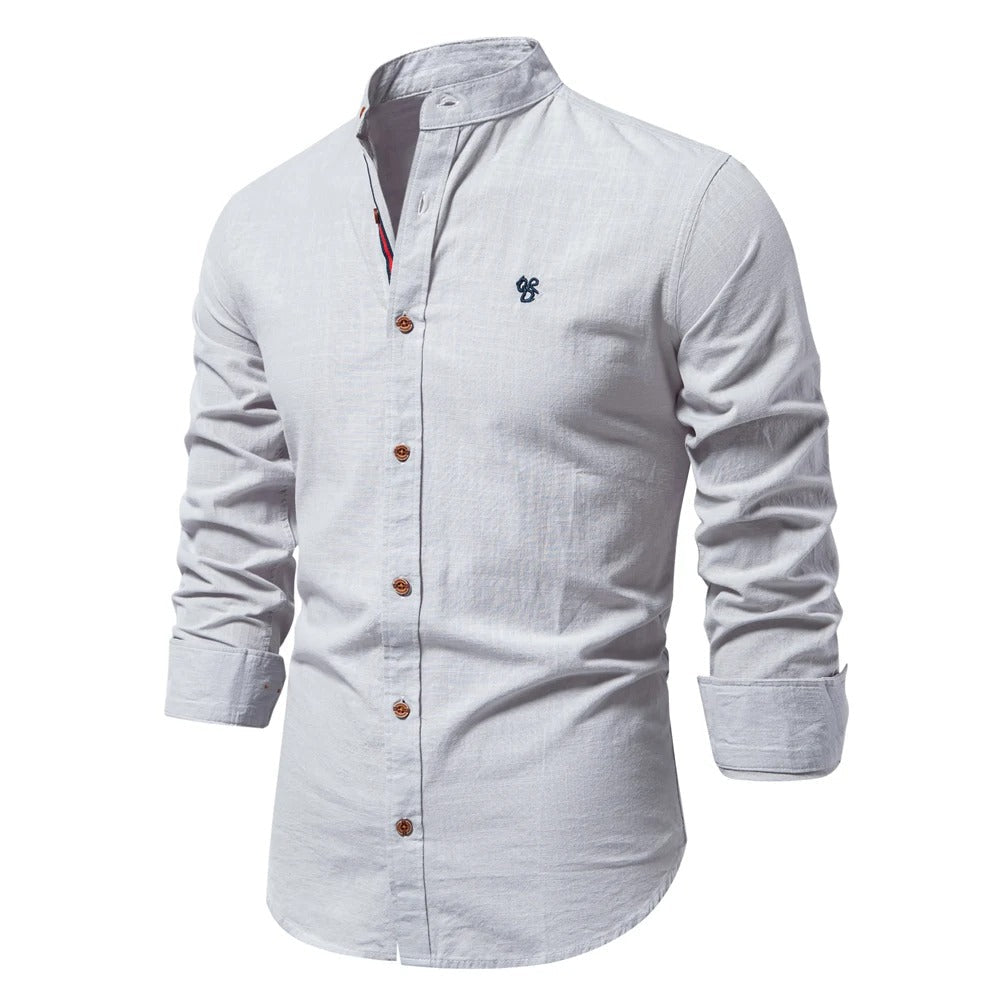 Emmett | Mandarin Collar Linen Men's Smart-Casual Shirt with Embroidery