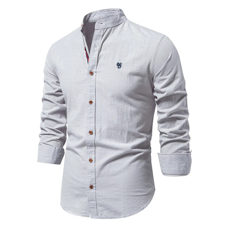 Emmett | Mandarin Collar Linen Men's Smart-Casual Shirt with Embroidery