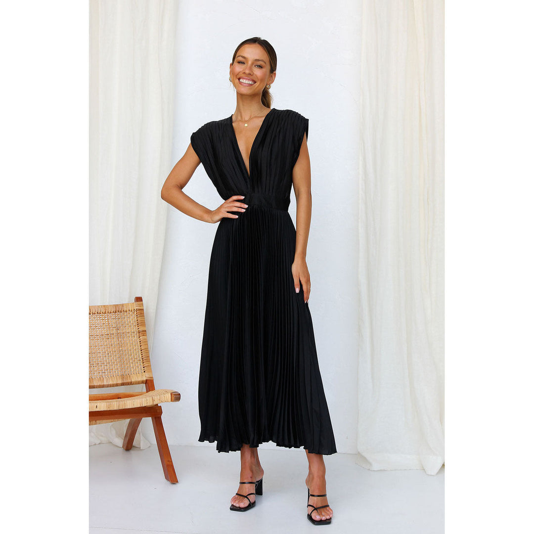 Aurora | Deep V Neck Pleated Satin Midi Dress
