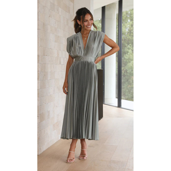 Aurora | Deep V Neck Pleated Satin Midi Dress