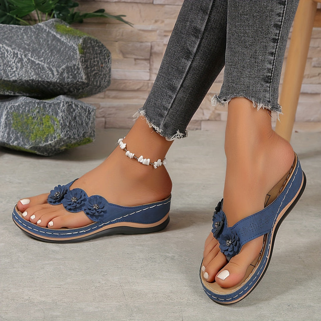 Fiona | Floral Appliqué Toe Post Wedge Sandals