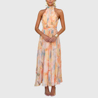 Soleil | Abstract Floral Crossover Halter Neck Maxi Dress