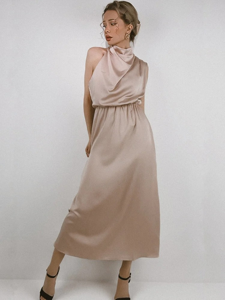 Calienne | Cowl Draped Halter Neck Maxi Dress with Elasticated Waist