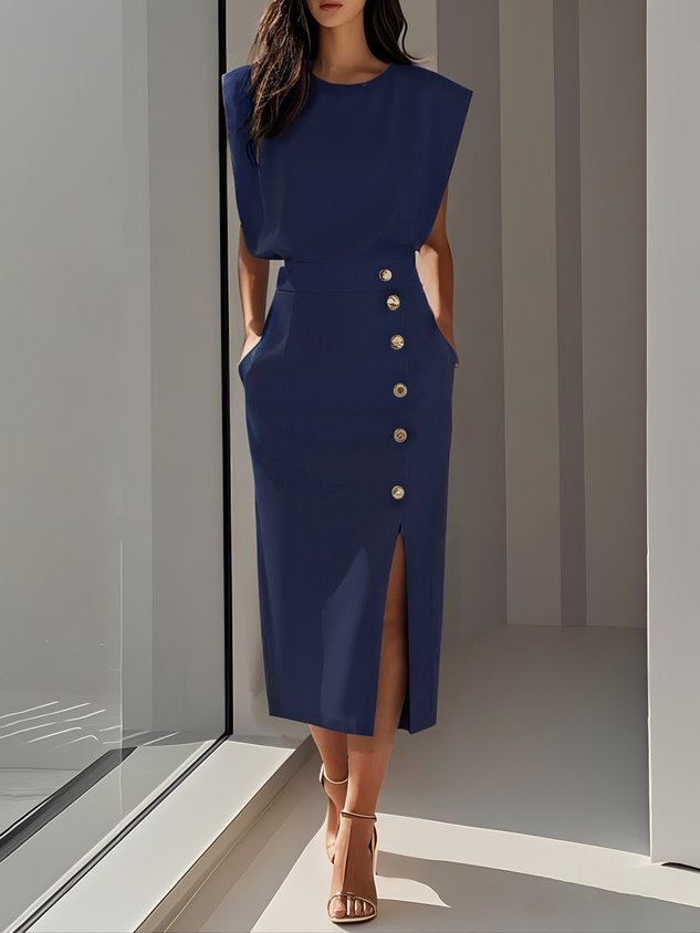 Vance | Padded Shoulder Gold Button Slit Midi Dress