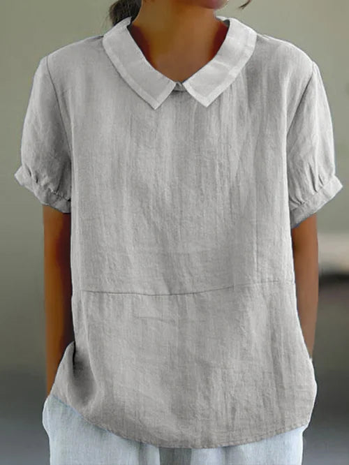 Lisbon | Peter Pan Collar Short-Sleeve Linen Tunic Blouse