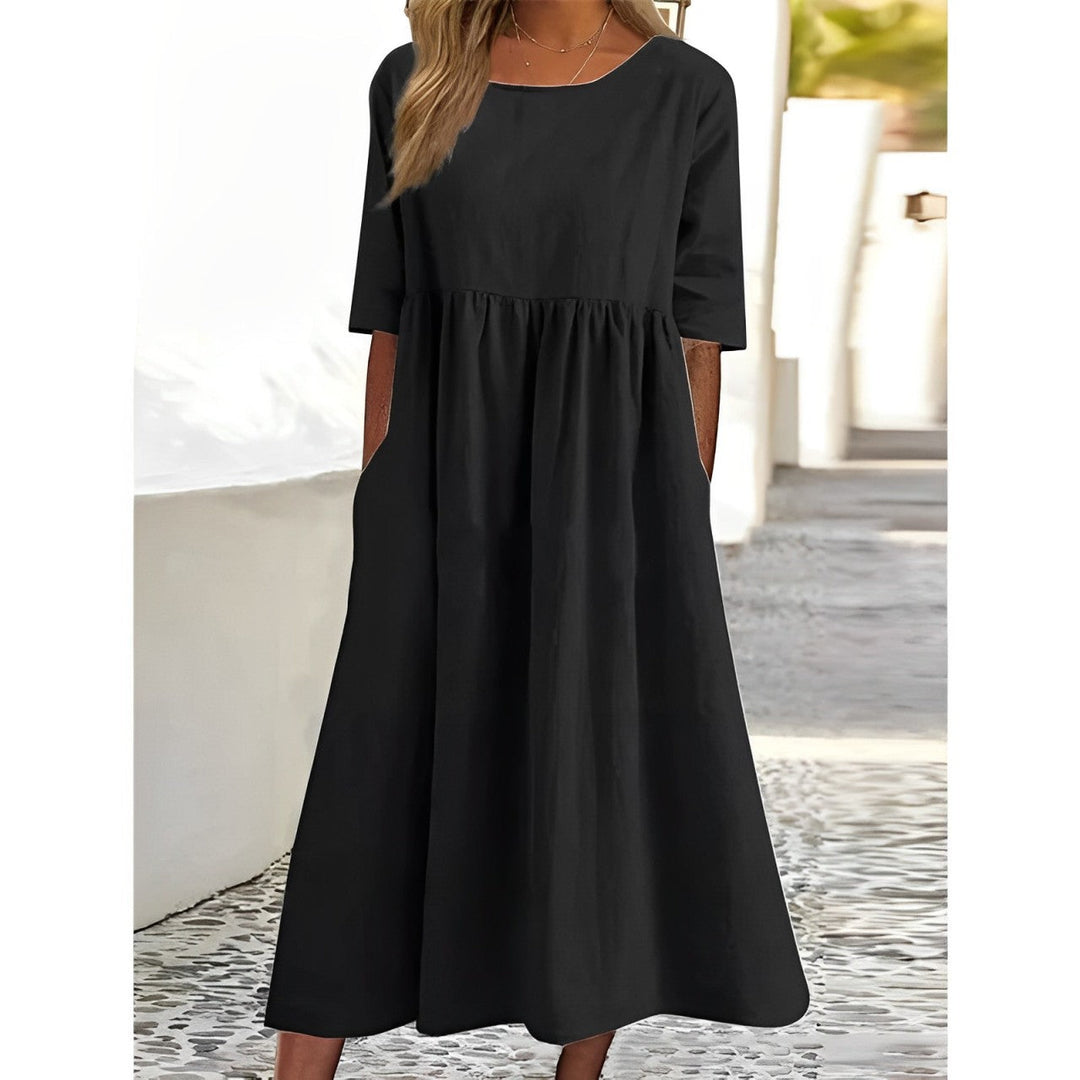 Caldera | Gathered Empire Linen Midi Summer Dress