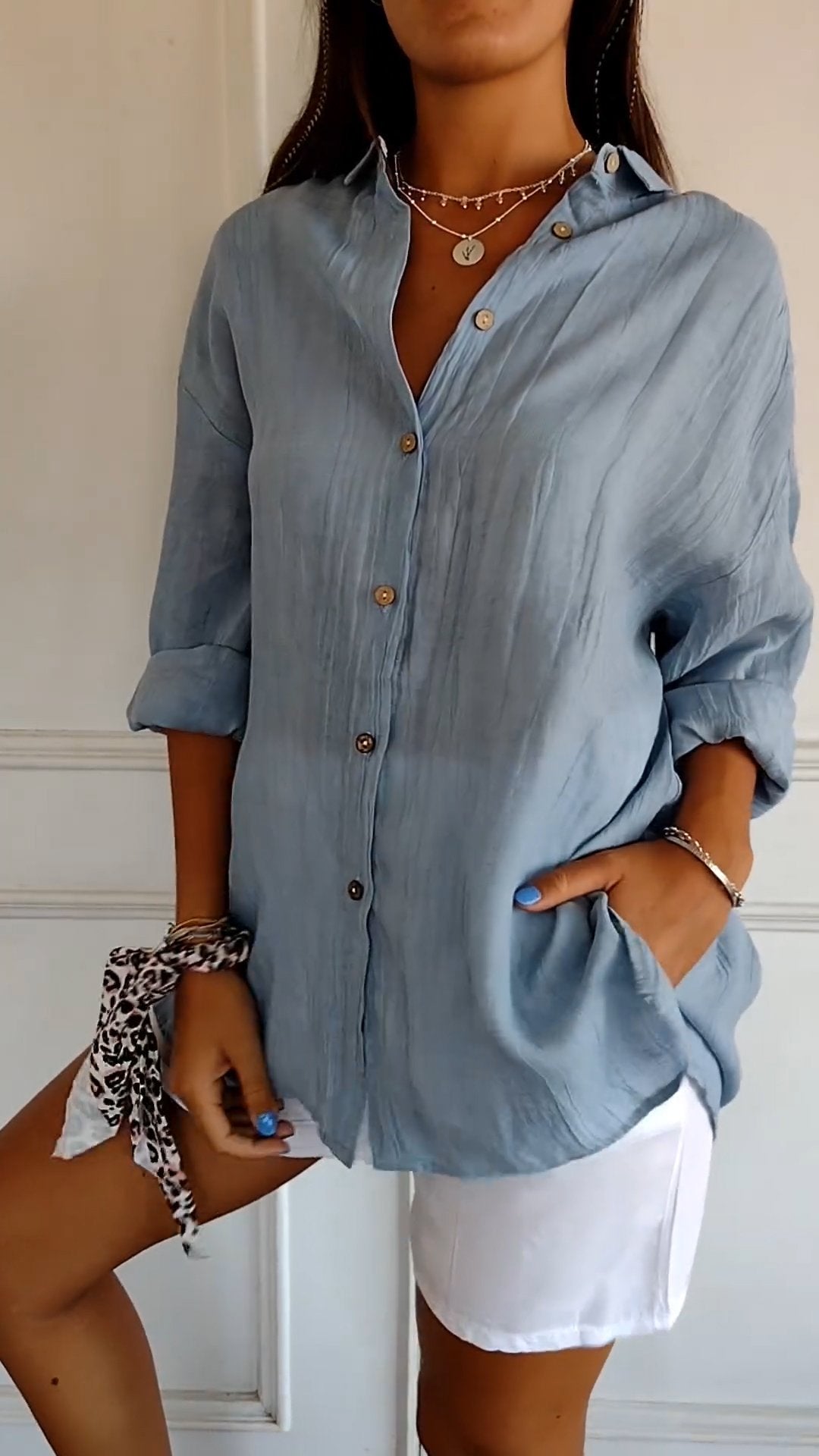Evelien | Crinkle Texture Button-Down Tunic Blouse