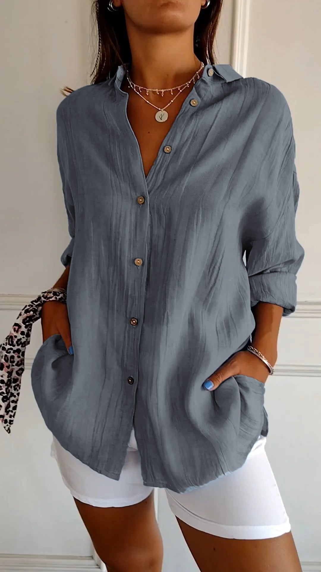Evelien | Crinkle Texture Button-Down Tunic Blouse