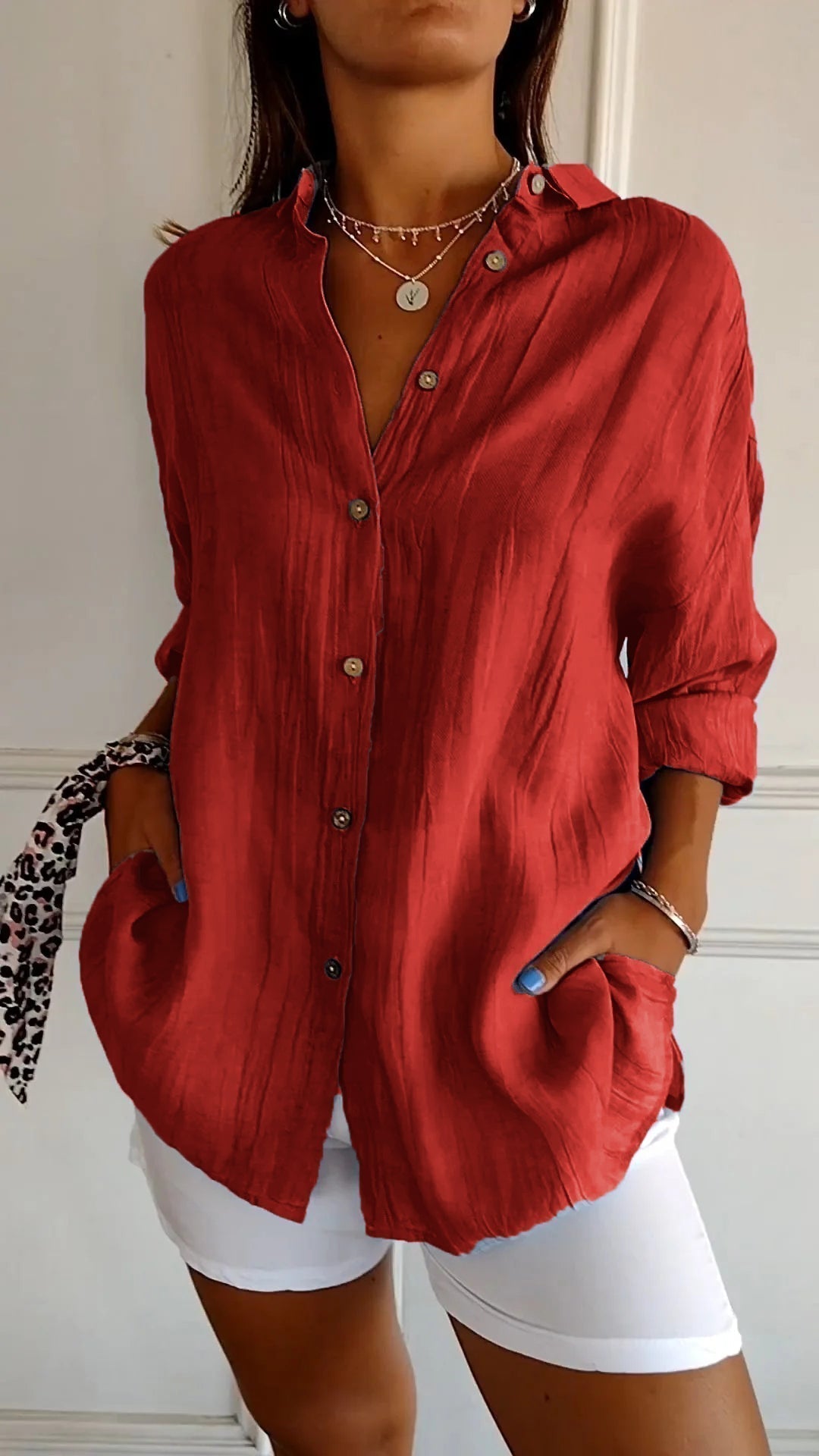 Evelien | Crinkle Texture Button-Down Tunic Blouse