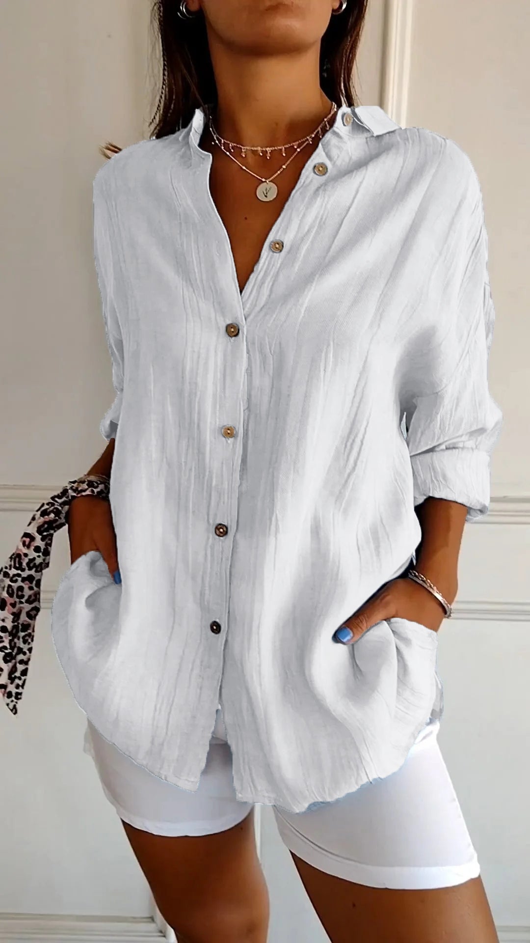 Evelien | Crinkle Texture Button-Down Tunic Blouse