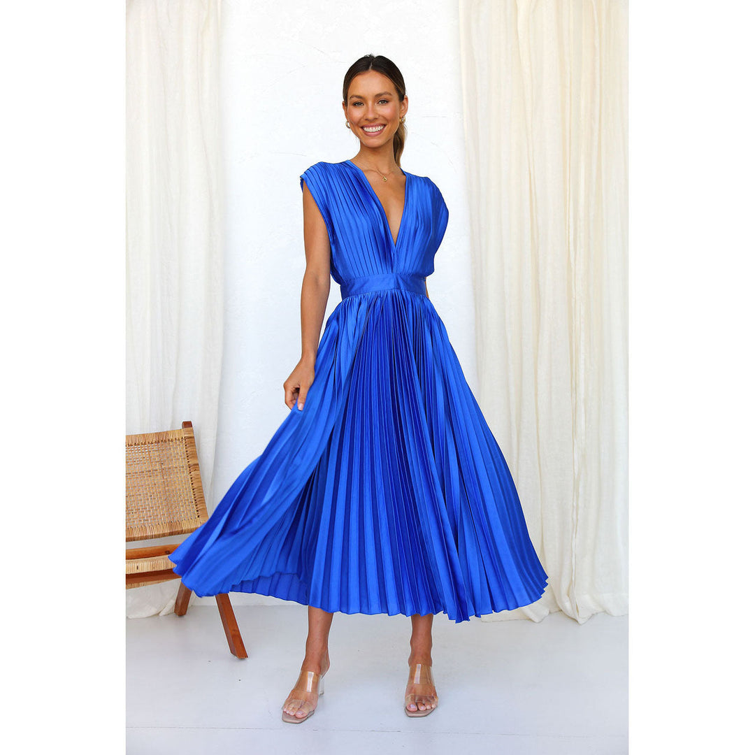 Aurora | Deep V Neck Pleated Satin Midi Dress