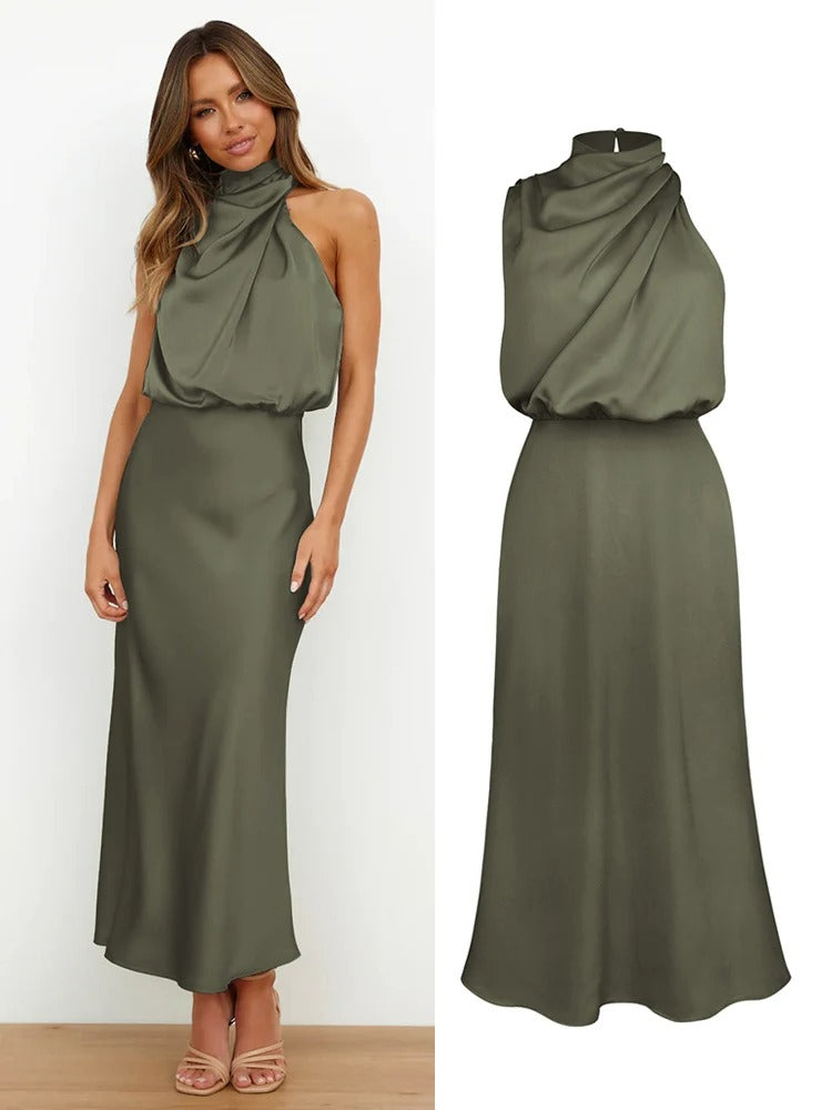 Calienne | Cowl Draped Halter Neck Maxi Dress with Elasticated Waist