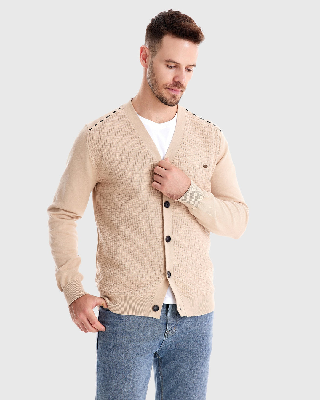 Archer | Herringbone Panel V-Neck Men's Cardigan