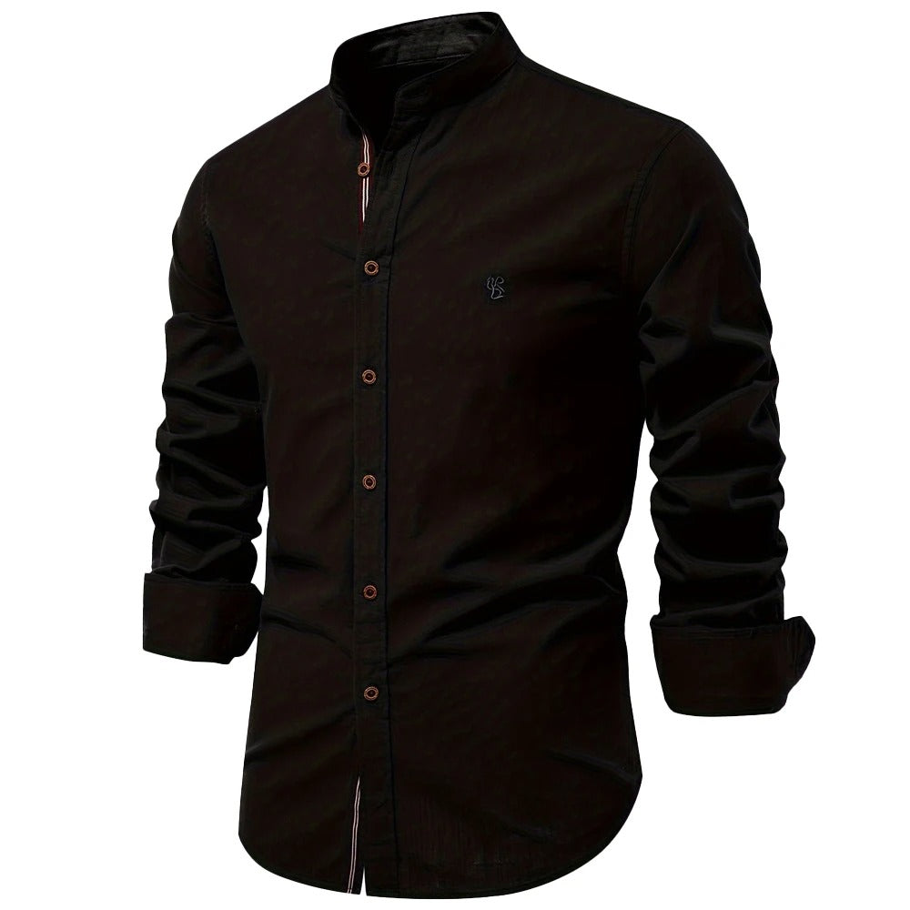 Emmett | Mandarin Collar Linen Men's Smart-Casual Shirt with Embroidery
