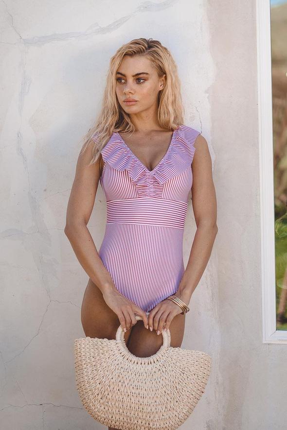 Regatta | Stripe Ruffle Shoulder V-Neck One Piece Swimsuit